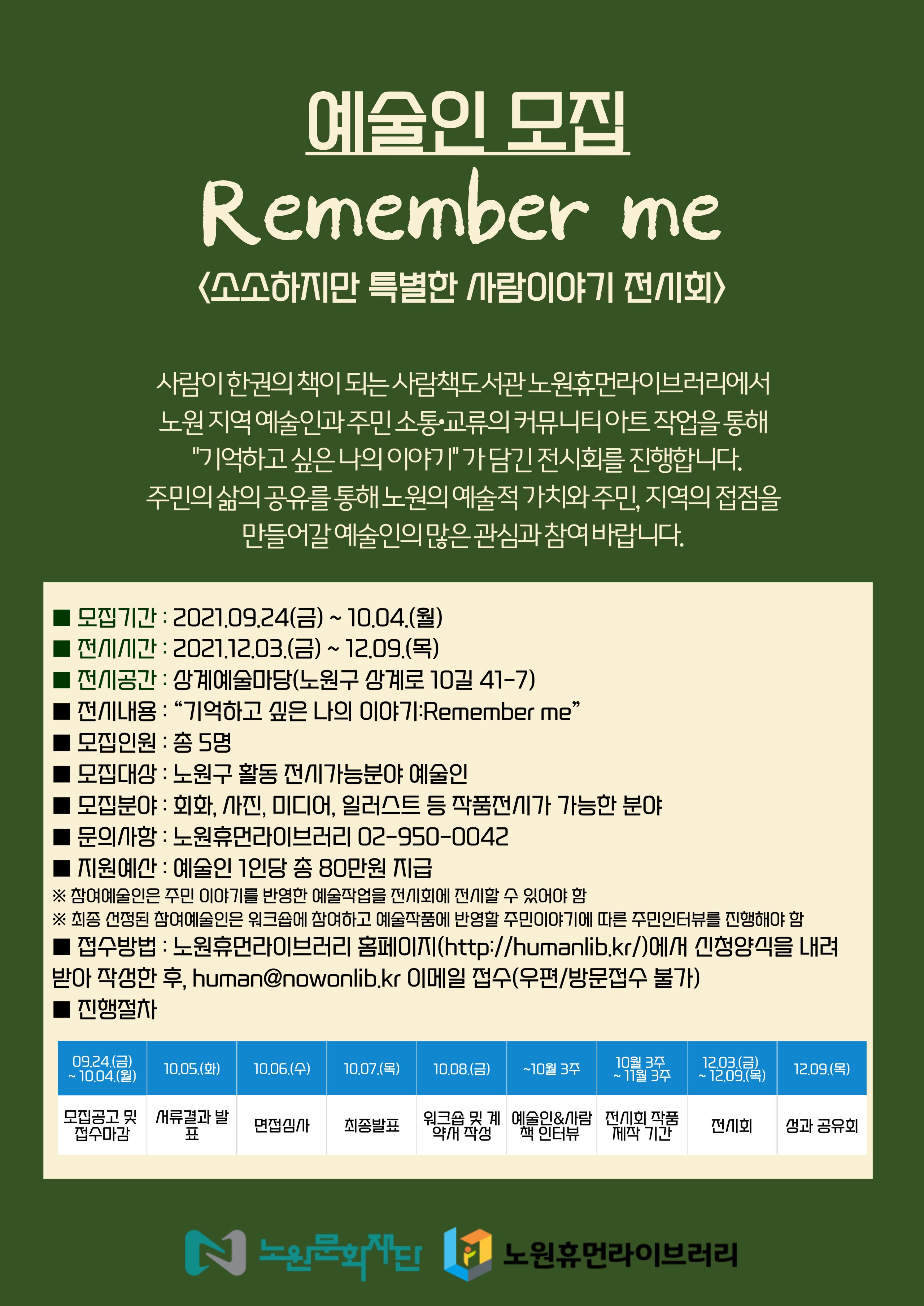 예술인 모집 Remember me 〈소소하지만 특별한 사람이야기 전시회)
사람이한권의 책이 되는 사람책도서관 노원휴먼라이브러리에서 노원 지역예술인과 주민 소통·교류의 커뮤니티아트 작업을 통해
"기억하고 싶은 나의 이야기" 가 담긴 전시회를 진행합니다. 주민의 삶의 공유를 통해 노원의 예술적 가치와 주민, 지역의 접점을
만들어갈 예술인의 많은 관심과 참여 바랍니다.
■ 모집기간 : 2021.09.24(금) ~ 10.04.(월) ■ 전 시간 : 2021.12.03.(금) ~ 12.09.(목) ■ 전시공간 : 강계예술마당(노원구 상계로 10길 41-7) ■ 전내용 : “기억하고 싶은 나의 이야기:Remember me”
모집인원 : 총 5명 ■ 모집대상 : 노원구 활동 전시가능분야 예술인 ■ 모집분야 : 회화, 사진, 미디어, 일러스트 등 작품전가 가능한 분야
문의사항 : 노원휴먼라이브러리 02-950-0042 ■ 지원예산 : 예술인 1인당 총 80만원 지급 ※ 참여예술인은 주민 이야기를 반영한 예술작업을 전시회에 전시할 수 있어야 함 ※ 최종 선정된 참여예술인은 워크숍에 참여하고 예술작품에 반영할 주민이야기에 따른 주민인터뷰를 진행해야 함 ■ 접수방법 : 노원휴먼라이브러리 홈페이지(http://humanlib.kr/)에서 신청양식을 내려 받아 작성한 후, human@nowonlib.kr 이메일 접수(우편/방문접수 불가) ■ 진행절차
09.24.(금) ~ 10.04.(월)
10.05.(화)
| 10.06.(수)
| 10.07.(목) | | 10.08.(금)
| ~10월 3주 |
10월 3주 ~ 11월 3주
12.03.(금) ~ 12.09.(목)
12.09.(목)
모집공고 및 서류결과 발 접수마감
면접심가
최종발표
워크숍 및 계 예술인&사람 전시회 작품 약개 작성 | 책 인터뷰 자기
전시회
생과 공유회
I
문의는 노원휴먼라이브러리
