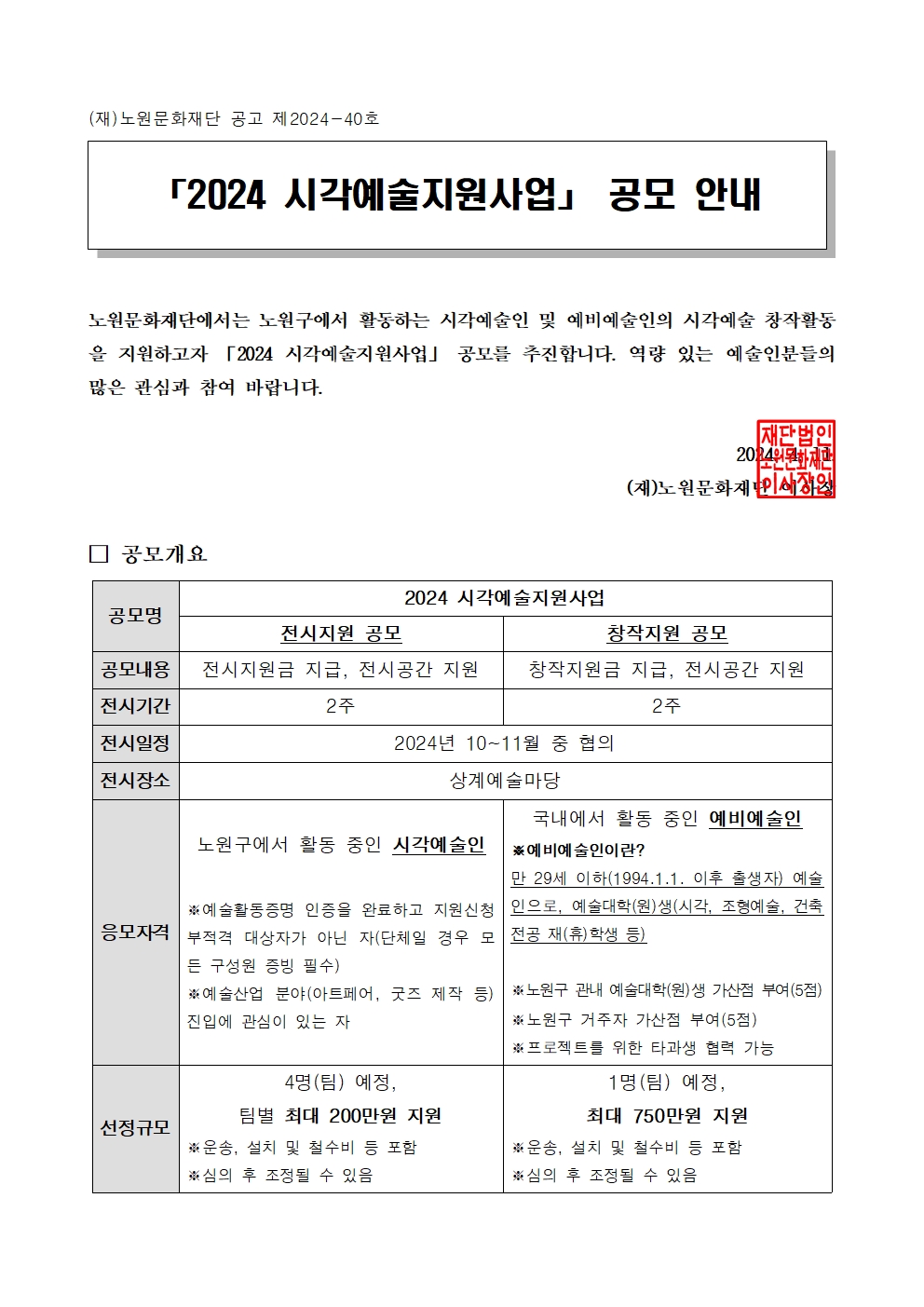 (재)노원문화재단 공고 제2024-40호 「2024 시각예술지원사업」 공모 안내 노원문화재단에서는 노원구에서 활동하는 시각예술인 및 예비예술인의 시각예술 창작활동 을 지원하고자 「2024 시각예술지원사업」 공모를 추진합니다. 역량 있는 예술인분들의 많은 관심과 참여 바랍니다. 공모개요 공모명 전시지원 공모 2024 시각예술지원사업 창작지원 공모 공모내용 전시지원금 지급, 전시공간 지원 창작지원금 지급, 전시공간 지원 전시기간 2주 2주 전시일정 전시장소 2024년 10~11월 중 협의 상계예술마당 노원구에서 활동 중인 시각예술인 ※예술활동증명 인증을 완료하고 지원신청 부적격 대상자가 아닌 자(단체일 경우 모 든 구성원 증빙 필수) 응모자격 국내에서 활동 중인 예비예술인 ※예비예술인이란? 만 29세 이하(1994.1.1. 이후 출생자) 예술 인으로, 예술대학(원)생(시각, 조형예술, 건축 전공 재(휴)학생 등) ※예술산업 분야(아트페어, 굿즈 제작 등) 노원구 관내 예술대학(원)생 가산점 부여(5점) 진입에 관심이 있는 자 4명(팀) 예정, 팀별 최대 200만원 지원 선정규모 ※운송, 설치 및 철수비 등 포함 ※심의 후 조정될 수 있음 ※노원구 거주자 가산점 부여(5점) ※프로젝트를 위한 타과생 협력 가능 1명(팀) 예정, 최대 750만원 지원 ※운송, 설치 및 철수비 등 포함 ※심의 후 조정될 수 있음