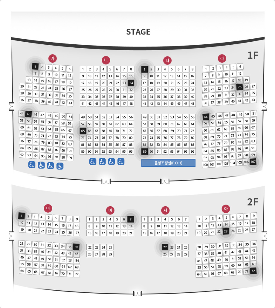 노원문화재단 대공연장 좌석도, 1층:STAGE 밑 가 99석 + 장애인석 4석, 나 96석 + 장애인석 4석, 다 96석 + 음향조정식(F.O.H), 라 107석, 2층 : 마 72석, 바 29석, 사 29석, 아 72석