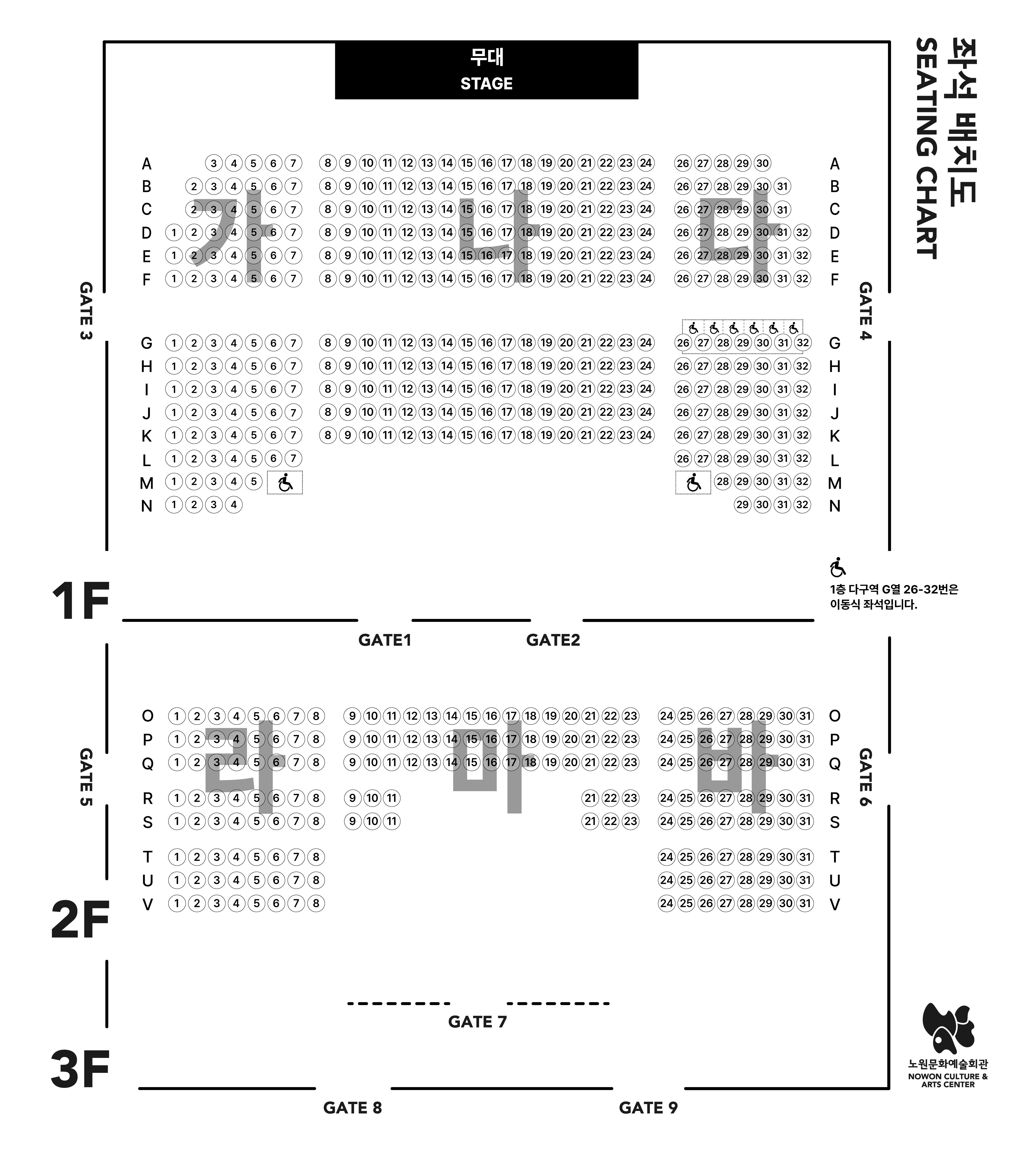 노원문화재단 대공연장 좌석도, 1층:STAGE 밑 가 99석 + 장애인석 4석, 나 96석 + 장애인석 4석, 다 96석 + 음향조정식(F.O.H), 라 107석, 2층 : 마 72석, 바 29석, 사 29석, 아 72석